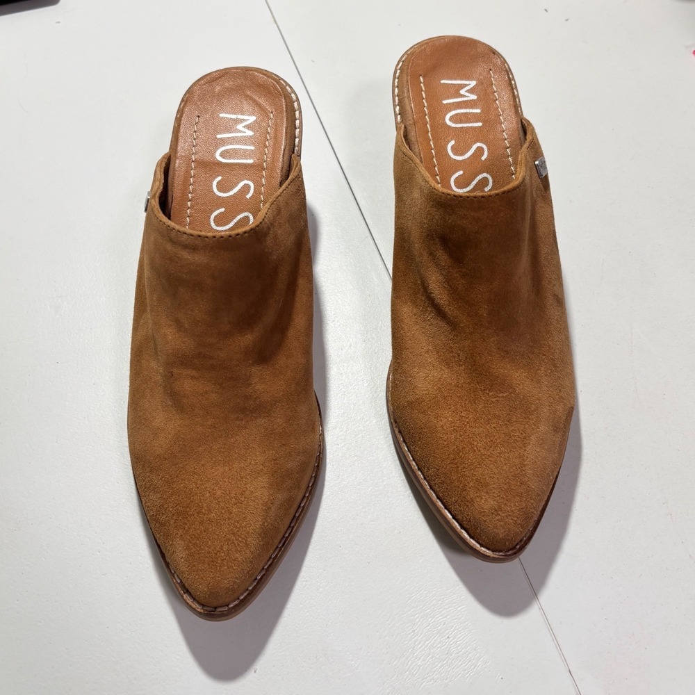 Musse & Cloud Suede Mules Womens 38 Tan Pointed Toe Stacked Block Heel Slip On